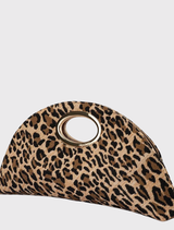 Leopard print Geena Straw Clutch Bag with half-moon shape, woven design, detachable chain, and magnetic closure for convenience.