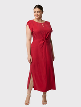 Dahlia red column midi dress with a silky finish, twist-front neckline, petal sleeves, and practical side splits.