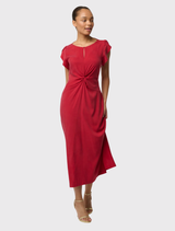 Midi-length dress in dahlia red, showcasing a twist-front design, petal sleeves, and side splits for enhanced mobility.