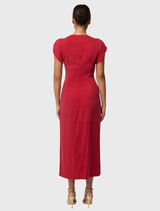 Dahlia red midi dress that highlights a twist-front neckline, petal sleeves, and side splits to facilitate movement.