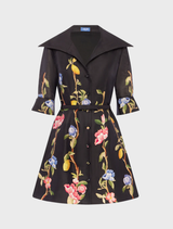 Stylish ebony mini dress with Genevieve sleeves, highlighted by a lively lemon vine print for a fresh aesthetic.