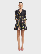 Mini dress featuring a lemon vine print on an ebony background, designed with elegant sleeves for a stylish look.