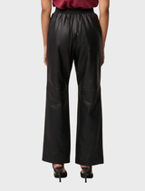 Black straight pants with elasticated waist, made from genuine leather, designed for comfort and style.