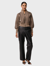 Genuine leather black straight pants with an elasticated waist, combining comfort and sophistication in a stylish design.