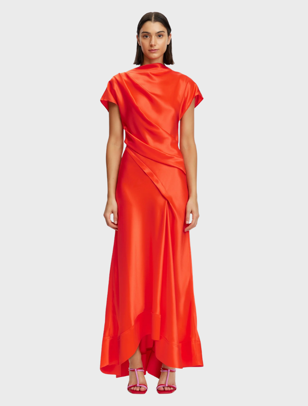  Glatton Maxi Dress in Rosso, featuring a flowing silhouette and vibrant red color, perfect for summer occasions.