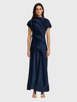 Glatton Maxi Dress in Sapphire, showcasing a fluid silhouette and lustrous satin, ideal for sophisticated evening events.