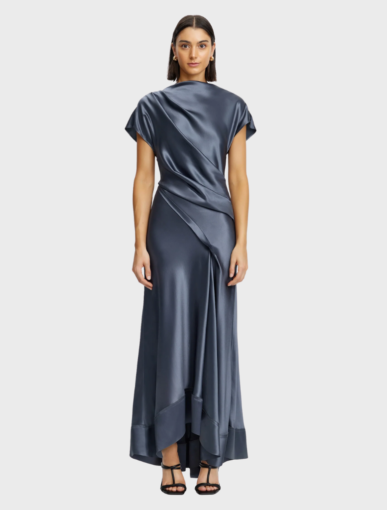 Slate-colored Glatton Maxi Dress featuring a flowing silhouette and elegant design, perfect for formal or casual occasions.