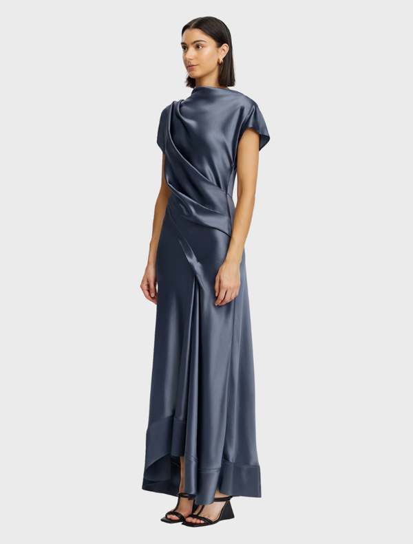 Elegant slate Glatton Maxi Dress with a flowing design, ideal for both casual outings and formal events.