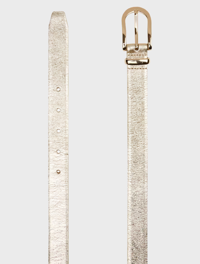 Elegant women's gold belt with a shiny metal buckle, ideal for enhancing fashion ensembles.