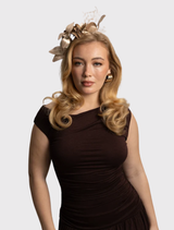 Elegant gold fascinator showcasing floral accents and intricate lace, designed for easy wear with a comfortable headband.