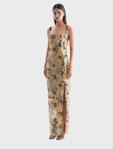 Stunning gold Elyse gown featuring a fitted bodice and a graceful skirt, ideal for special events.