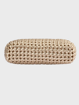 Chic gold clutch bag made of woven material, highlighting a refined and fashionable accessory for any outfit.