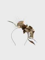 Gold headpiece with floral trims and lace detailing, designed for comfort with a fitted headband for effortless wear.