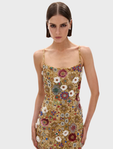 A stunning Gold Francesca Gown with a fitted design, embellished with sequins and beads, perfect for special occasions.