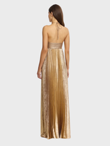 Gold Pullford maxi dress draped elegantly, highlighting its long length and stylish design suitable for formal occasions.