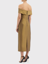 Gold Venus Midi Dress features an off-the-shoulder neckline, diamante bow, fitted bodice, pencil skirt, and back split for movement.