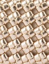 Gold woven clutch bag featuring a textured design, ideal for adding a touch of elegance to any ensemble.