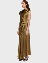 A chic gold dress made of silk, complete with a decorative bow at the neck, perfect for formal occasions.