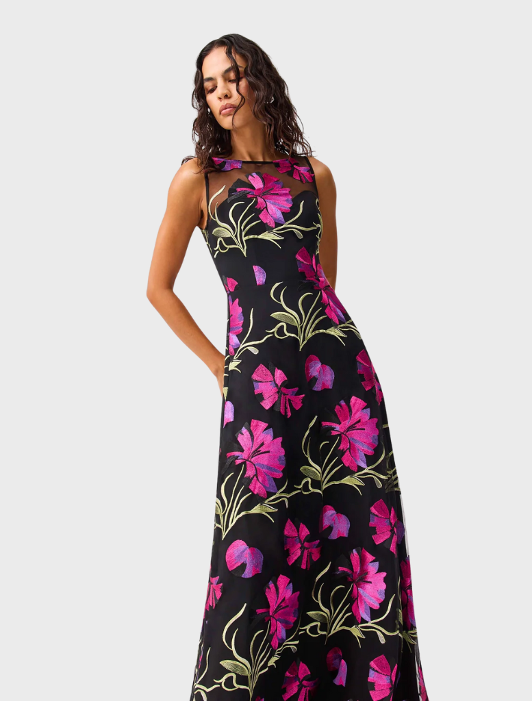 Black gown featuring vibrant pink floral designs, perfect for formal occasions and elegant events.