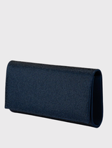Stylish navy clutch with shimmering crystals, magnetic closure, and detachable chain, designed for hands-free convenience.