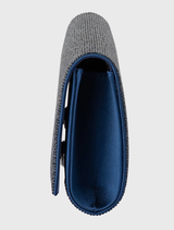Shimmering navy clutch with crystal accents, magnetic closure, and a detachable chain, perfect for events and essentials.