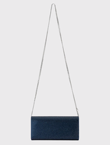 Navy envelope clutch with crystal accents, magnetic closure, and space for a smartphone, includes a shoulder chain for versatility.