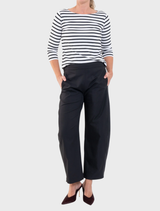 Stylish black Barrel Leg Pant made from innovative Gravitene fabric, with a flat-front waistband, elastic back, and side pockets.