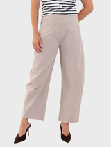 Elegant fawn Barrel Leg Pant made from Gravitene, showcasing a flattering silhouette with an elastic back and side pockets.