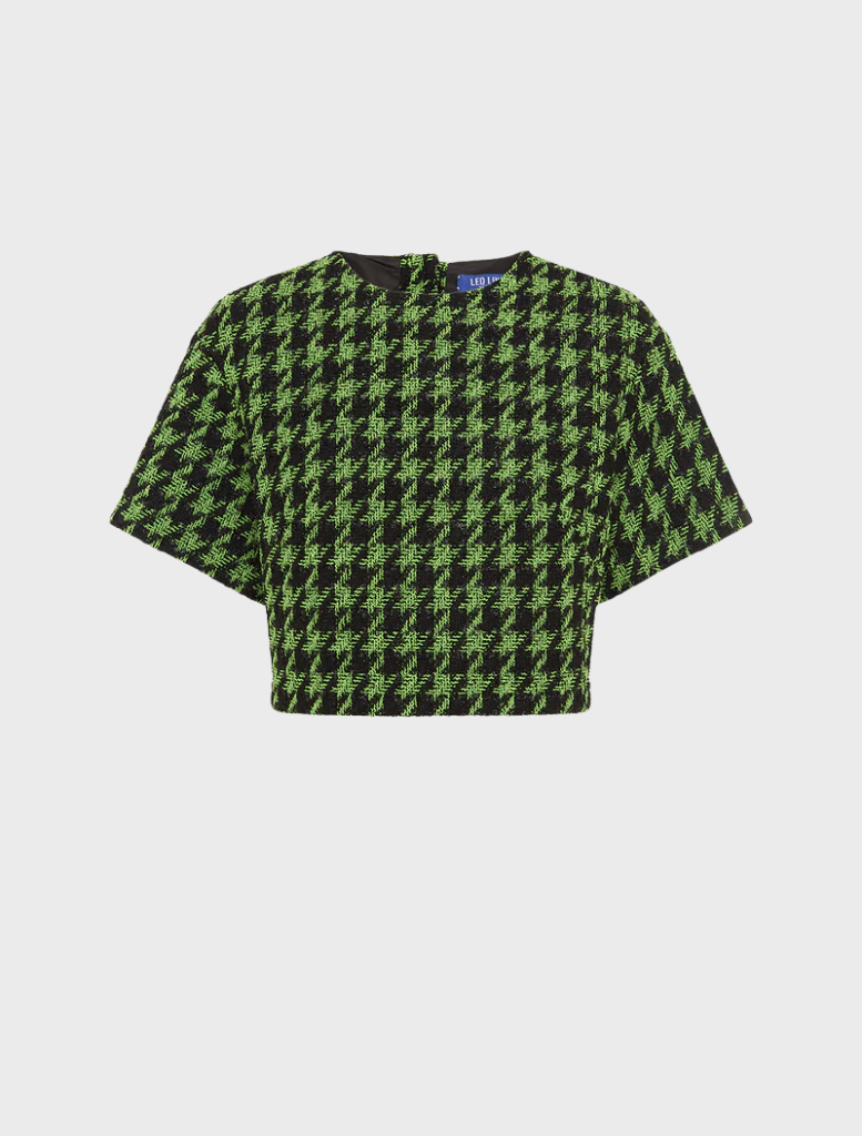 Cropped top featuring a green and black houndstooth pattern, stylish and modern design.