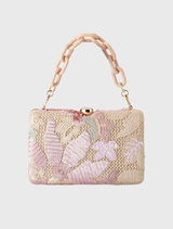 Vibrant GRETA Floral Clutch with floral embellishments, structured design, and matching acrylic chain for versatile styling.
