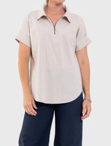 Half Zip Shirt in Hay by Mela Purdie, featuring a stylish zip collar, short sleeves, and a breathable cotton blend material.