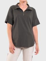 Mela Purdie's Half Zip Shirt in Bark, featuring a zip collar, short sleeves, and lightweight, breathable cotton blend fabric.