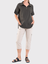 Lightweight Half Zip Shirt by Mela Purdie in Bark, showcasing a zip collar, short sleeves, and a comfortable cotton blend.