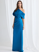  Elegant Halle gown in rich Aqua hue, featuring a flowing silhouette and intricate detailing.