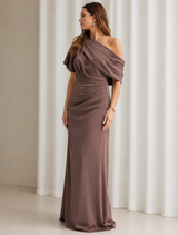 Elegant Halle gown in rich chocolate hue, featuring a flowing silhouette and intricate detailing.