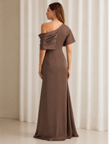 A stunning chocolate gown named Halle, featuring a graceful design and soft, flowing material.