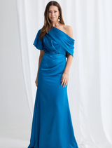 Aqua-colored Halle gown displayed on a mannequin, showcasing its elegant design and flowing fabric.