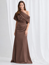 Chocolate-colored Halle gown displayed on a mannequin, showcasing its elegant design and flowing fabric.