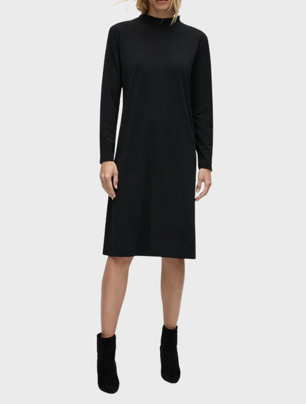 Soft, stretchy black dress highlighting a sleek silhouette and comfortable fit for various occasions.