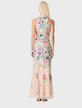 Elegant floral gown crafted from a colorful floral print fabric, highlighting its intricate design and style.
