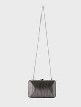 Hannah's clutch in gunmetal, featuring a textured surface, perfect for adding flair to evening attire.