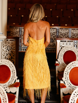 Fringe midi skirt in Harvest Gold, offering a stylish silhouette for evening events, can be worn alone or with the matching top.