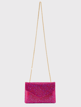 Stylish fuchsia Hattie Crystal Bag featuring crystals, gold-tone hardware, and a shoulder chain, perfect for evening outings.