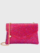 Fuchsia Hattie Crystal Shoulder Bag with crystal embellishments, magnetic closure, and gold-tone hardware, ideal for evening events.