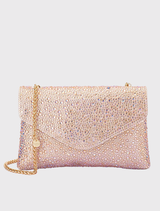 Peach Hattie Crystal Shoulder Bag with crystal embellishments, magnetic closure, and gold-tone hardware, ideal for evening events.