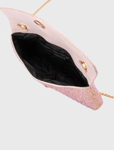 A stunning peach envelope-style bag that highlights crystal details, a magnetic closure, and gold hardware, crafted for evening wear.