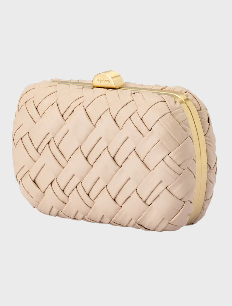Woven beige leather clutch bag titled Haven Woven Clutch Natural.