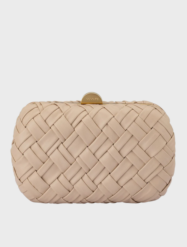 Beige leather woven clutch bag labeled Haven Woven Clutch - Natural.
