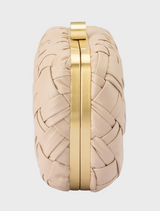 Beige woven leather clutch bag known as Haven Woven Clutch Natural.