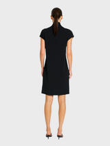A sleek black dress with short sleeves, emphasizing a modern look.